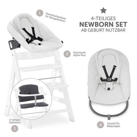 Hauck Alpha Plus 4-tlg. Newborn Set - Hochstuhl + Neugeborenenaufsatz & Wippe + Sitzkissen - White
