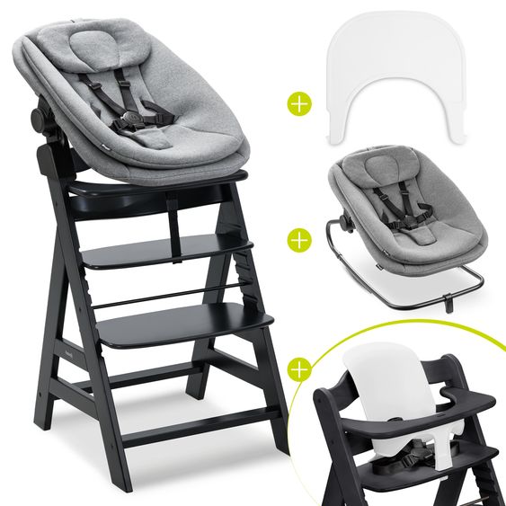 Hauck Alpha Plus 5-tlg. Newborn Set - Hochstuhl + 2in1 Neugeborenenaufsatz & Wippe + Baby Seat + Essbrett - Dark Grey Melange - Black