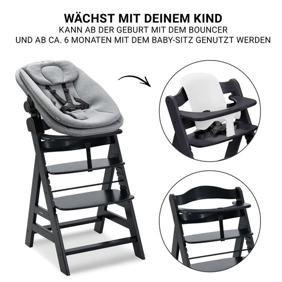 Hauck Alpha Plus 5-tlg. Newborn Set - Hochstuhl + 2in1 Neugeborenenaufsatz & Wippe + Baby Seat + Essbrett - Dark Grey Melange - Black