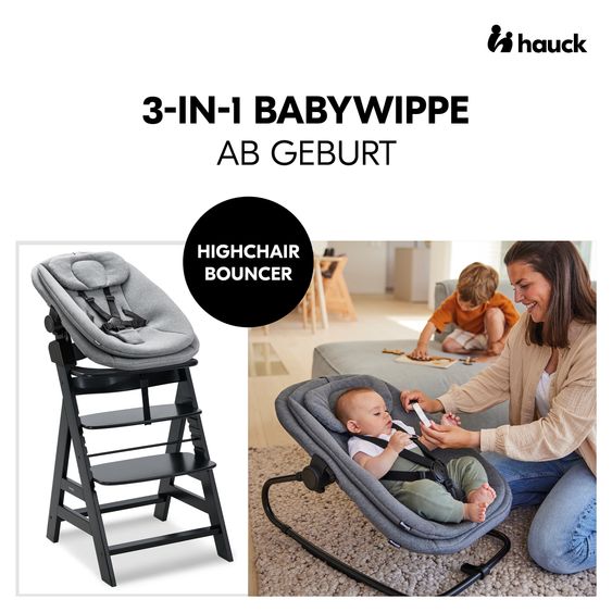 Hauck Alpha Plus 5-tlg. Newborn Set - Hochstuhl + 2in1 Neugeborenenaufsatz & Wippe + Baby Seat + Essbrett - Dark Grey Melange - Black