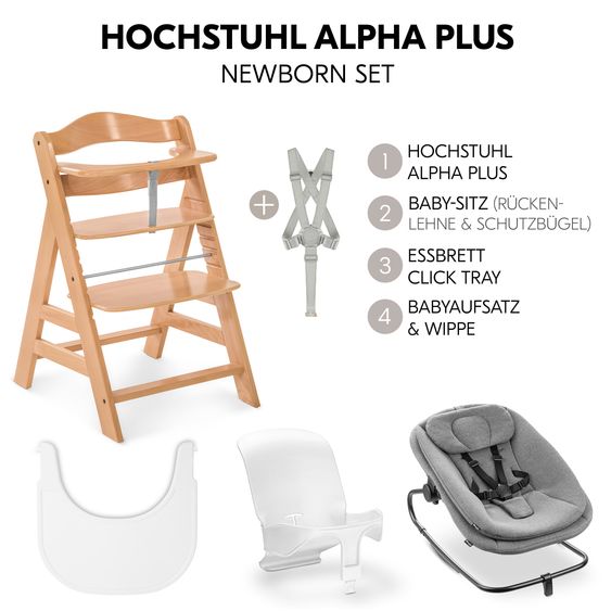 Hauck Alpha Plus Set Nouveau-Né 5 Pièces - Chaise Haute + Adaptateur Nouveau-Né 2in1 & Transat + Siège Bébé + Plateau Repas - Nature
