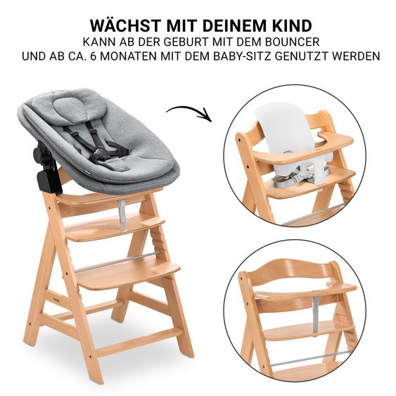 Hauck Alpha Plus Set Nouveau-Né 5 Pièces - Chaise Haute + Adaptateur Nouveau-Né 2in1 & Transat + Siège Bébé + Plateau Repas - Nature