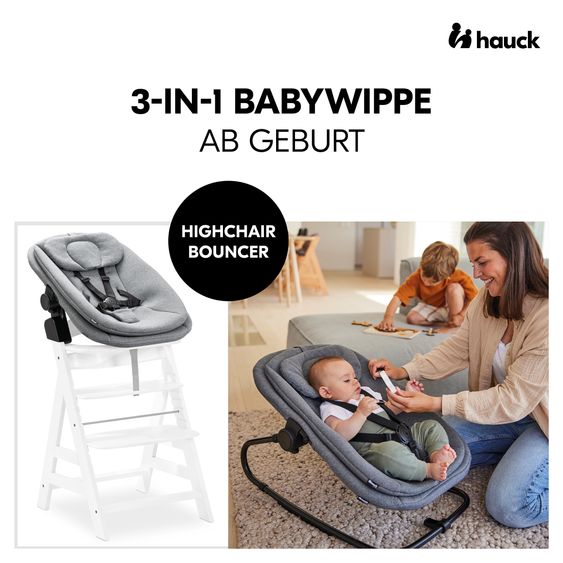 Hauck Alpha Plus Set Nouveau-Né 5 Pièces - Chaise Haute + Adaptateur Nouveau-Né 2in1 & Transat + Siège Bébé + Plateau Repas - Blanc