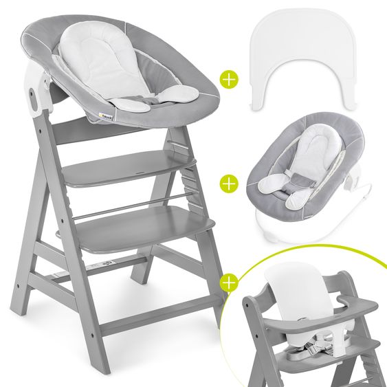 Hauck Alpha Plus 5-tlg. Newborn Set - Hochstuhl + 2in1 Neugeborenenaufsatz & Wippe + Baby Seat + Essbrett - Grey
