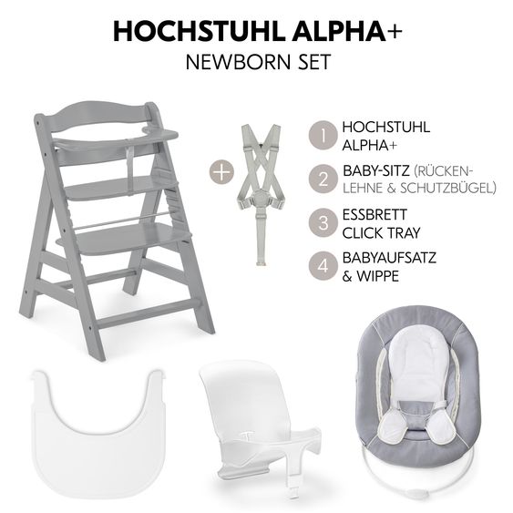 Hauck Alpha Plus 5-tlg. Newborn Set - Hochstuhl + 2in1 Neugeborenenaufsatz & Wippe + Baby Seat + Essbrett - Grey
