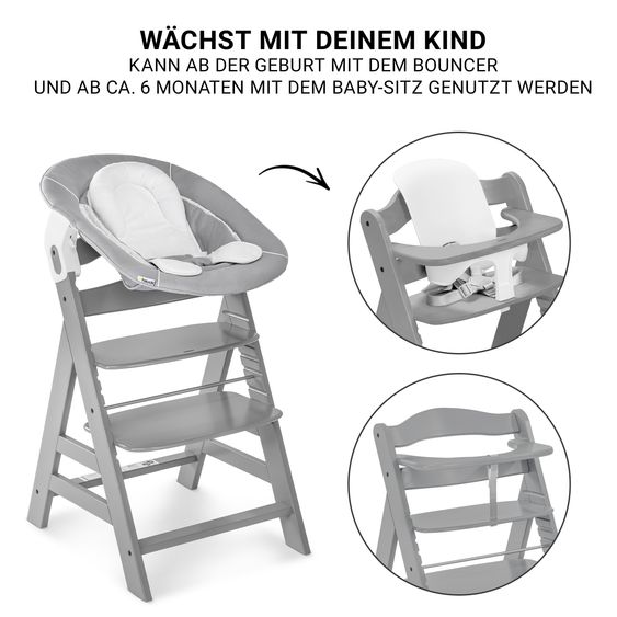 Hauck Alpha Plus 5-tlg. Newborn Set - Hochstuhl + 2in1 Neugeborenenaufsatz & Wippe + Baby Seat + Essbrett - Grey