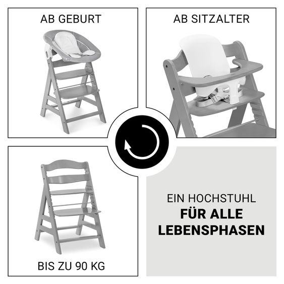 Hauck Alpha Plus 5-tlg. Newborn Set - Hochstuhl + 2in1 Neugeborenenaufsatz & Wippe + Baby Seat + Essbrett - Grey