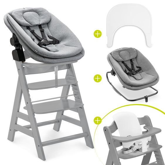 Hauck Alpha Plus 5-tlg. Newborn Set - Hochstuhl + 2in1 Neugeborenenaufsatz & Wippe + Baby Seat + Essbrett - Grey