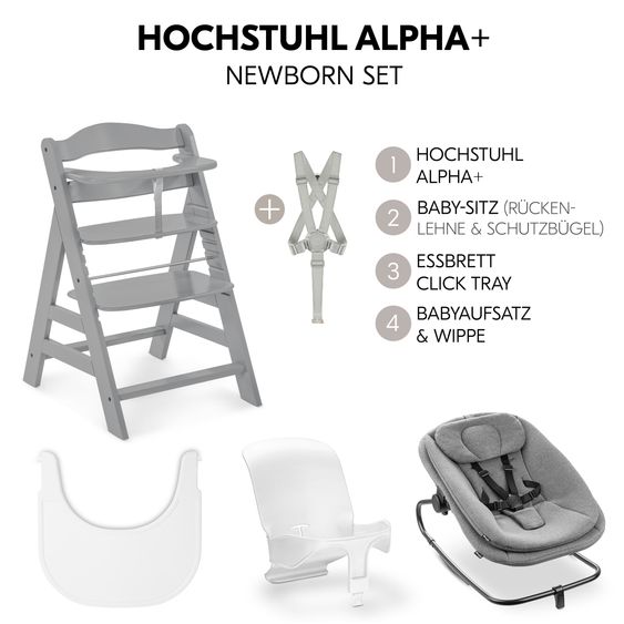 Hauck Alpha Plus 5-tlg. Newborn Set - Hochstuhl + 2in1 Neugeborenenaufsatz & Wippe + Baby Seat + Essbrett - Grey