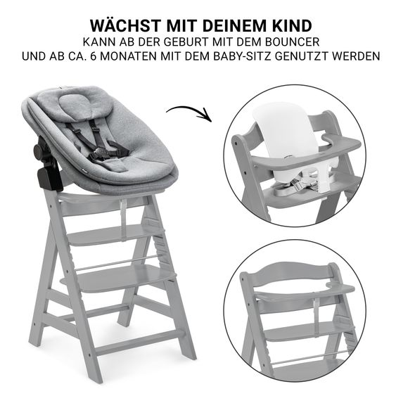 Hauck Alpha Plus 5-tlg. Newborn Set - Hochstuhl + 2in1 Neugeborenenaufsatz & Wippe + Baby Seat + Essbrett - Grey