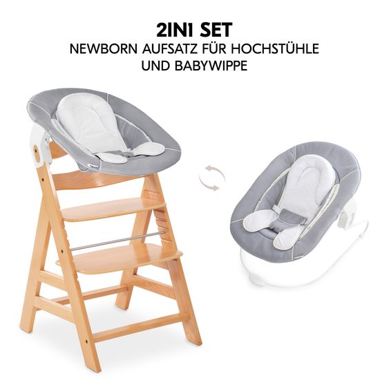 Hauck Alpha Plus Set Nouveau-Né 5 Pièces - Chaise Haute + Adaptateur Nouveau-Né 2in1 & Transat + Siège Bébé + Plateau Repas - Nature