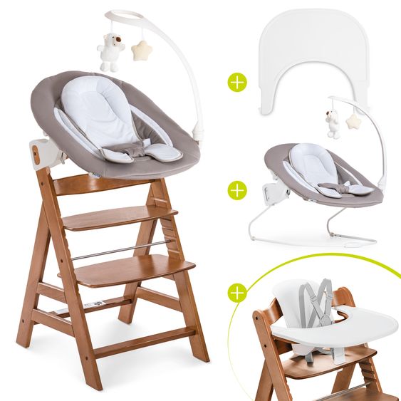 Hauck Alpha Plus Set Nouveau-Né 5 Pièces - Chaise Haute + Adaptateur Nouveau-Né 2in1 & Transat + Siège Bébé + Plateau Repas - Sable - Noix