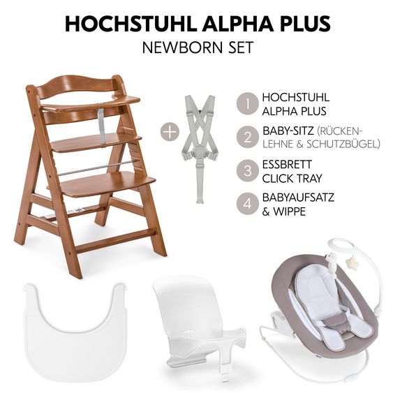 Hauck Alpha Plus Set Nouveau-Né 5 Pièces - Chaise Haute + Adaptateur Nouveau-Né 2in1 & Transat + Siège Bébé + Plateau Repas - Sable - Noix