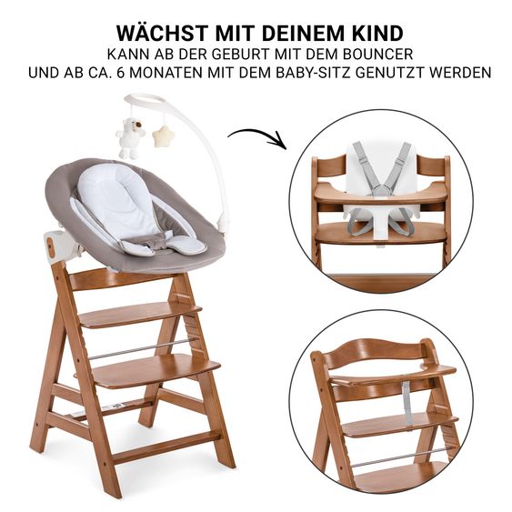 Hauck Alpha Plus Set Nouveau-Né 5 Pièces - Chaise Haute + Adaptateur Nouveau-Né 2in1 & Transat + Siège Bébé + Plateau Repas - Sable - Noix