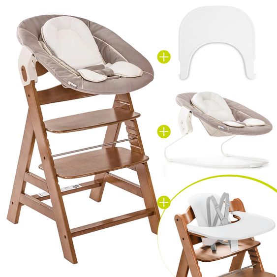 Hauck Alpha Plus Set Newborn 5 pz. - Seggiolone + 2in1 Riduttore Neonato & Dondolo + Seggiolino Baby + Vassoio pappa - Stetch Beige - Noce