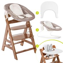 Alpha Plus 5-tlg. Newborn Set - Hochstuhl + 2in1 Neugeborenenaufsatz & Wippe + Baby Seat + Essbrett - Stetch Beige - Walnut