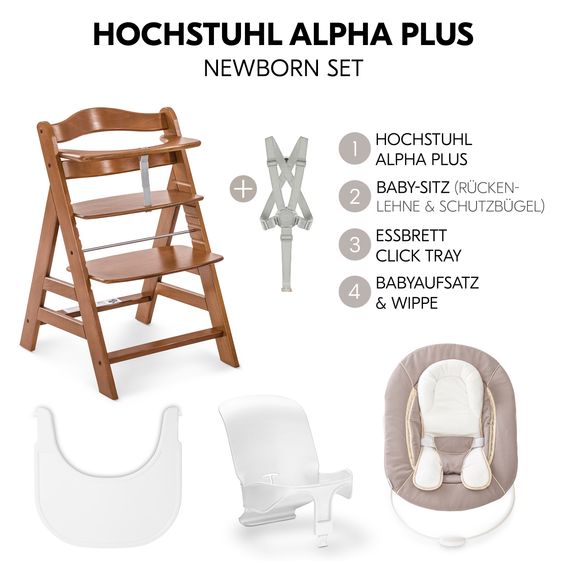 Hauck Alpha Plus Set Newborn 5 pz. - Seggiolone + 2in1 Riduttore Neonato & Dondolo + Seggiolino Baby + Vassoio pappa - Stetch Beige - Noce