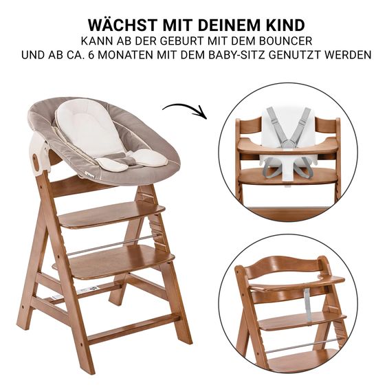 Hauck Alpha Plus Set Newborn 5 pz. - Seggiolone + 2in1 Riduttore Neonato & Dondolo + Seggiolino Baby + Vassoio pappa - Stetch Beige - Noce
