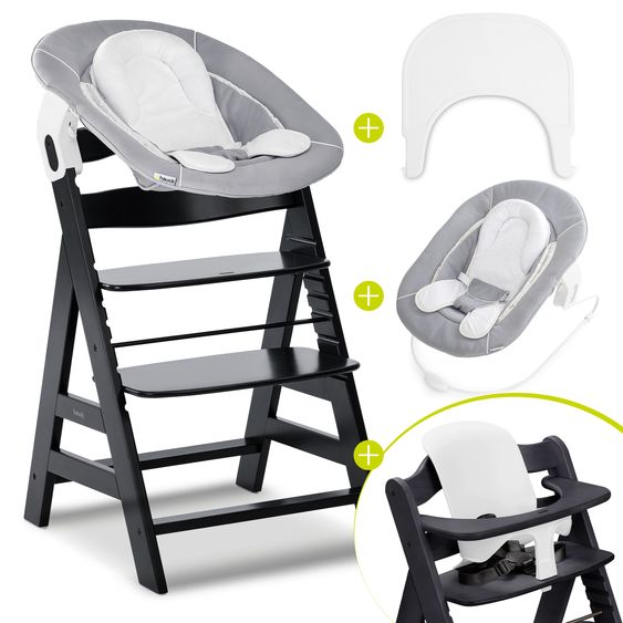 Hauck Alpha Plus 5-tlg. Newborn Set - Hochstuhl + 2in1 Neugeborenenaufsatz & Wippe + Baby Seat + Essbrett - Stretch Grey - Black