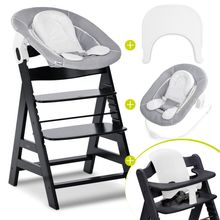 Alpha Plus 5-tlg. Newborn Set - Hochstuhl + 2in1 Neugeborenenaufsatz & Wippe + Baby Seat + Essbrett - Stretch Grey - Black