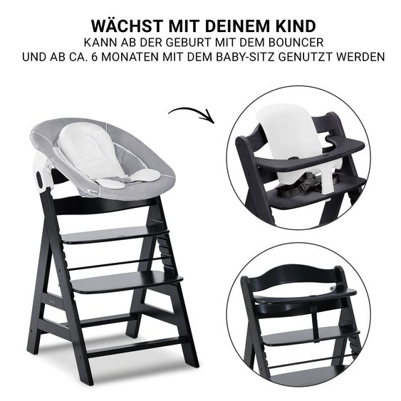 Hauck Alpha Plus 5-tlg. Newborn Set - Hochstuhl + 2in1 Neugeborenenaufsatz & Wippe + Baby Seat + Essbrett - Stretch Grey - Black