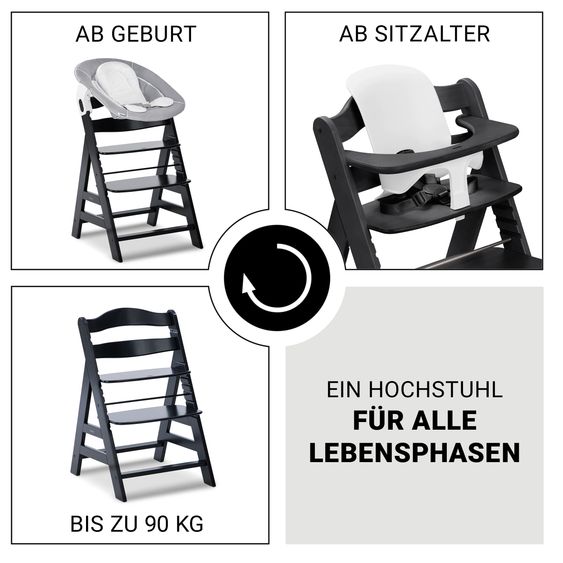 Hauck Alpha Plus 5-tlg. Newborn Set - Hochstuhl + 2in1 Neugeborenenaufsatz & Wippe + Baby Seat + Essbrett - Stretch Grey - Black