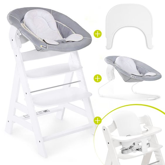 Hauck Alpha Plus Set Nouveau-Né 5 Pièces - Chaise Haute + Adaptateur Nouveau-Né 2in1 & Transat + Siège Bébé + Plateau Repas - Blanc