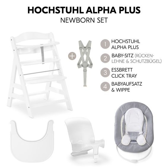 Hauck Alpha Plus Set Nouveau-Né 5 Pièces - Chaise Haute + Adaptateur Nouveau-Né 2in1 & Transat + Siège Bébé + Plateau Repas - Blanc