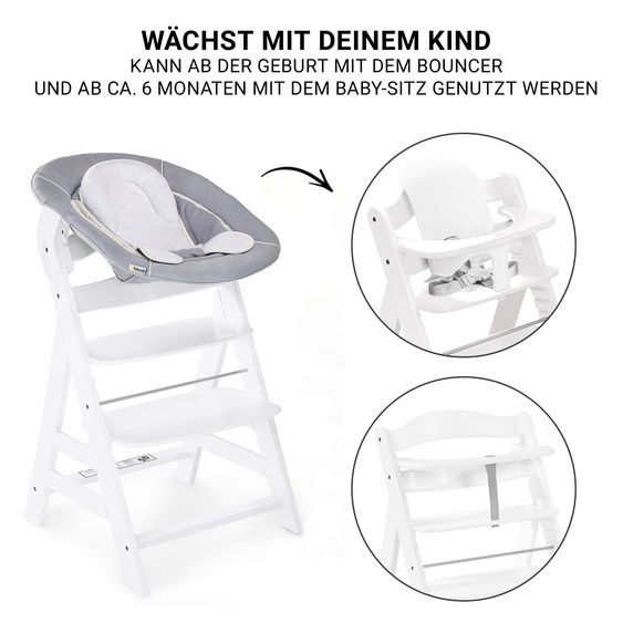 Hauck Alpha Plus Set Nouveau-Né 5 Pièces - Chaise Haute + Adaptateur Nouveau-Né 2in1 & Transat + Siège Bébé + Plateau Repas - Blanc