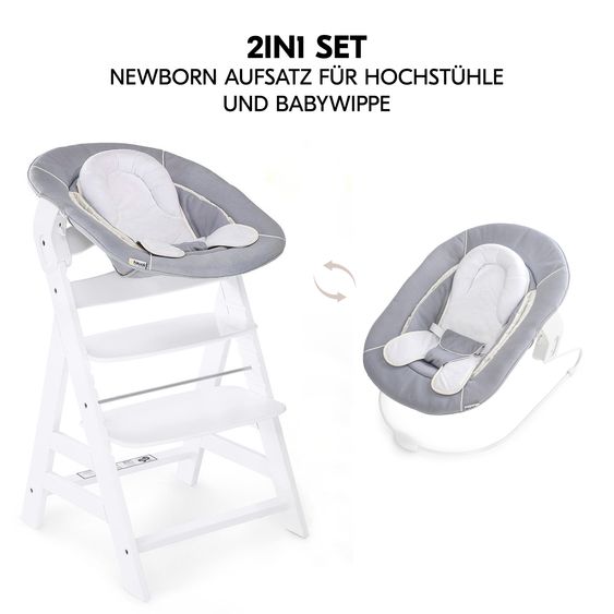Hauck Alpha Plus Set Nouveau-Né 5 Pièces - Chaise Haute + Adaptateur Nouveau-Né 2in1 & Transat + Siège Bébé + Plateau Repas - Blanc