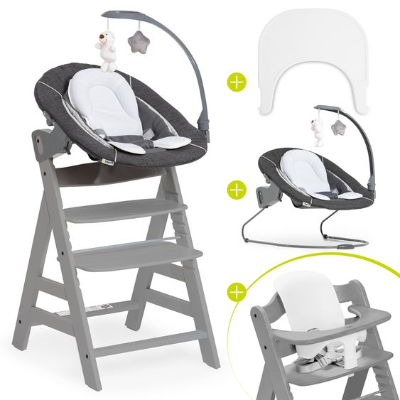 Hauck Alpha Plus 5-tlg. Newborn Set - Hochstuhl + 2in1 Neugeborenenaufsatz & Wippe Deluxe + Baby Seat + Essbrett - Grey