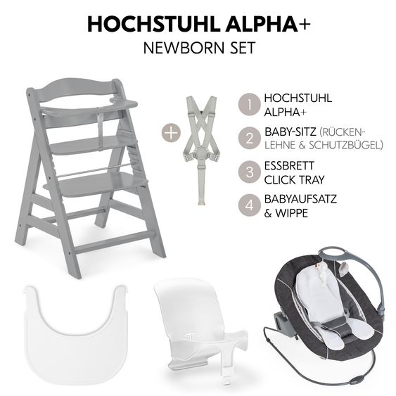 Hauck Alpha Plus 5-tlg. Newborn Set - Hochstuhl + 2in1 Neugeborenenaufsatz & Wippe Deluxe + Baby Seat + Essbrett - Grey