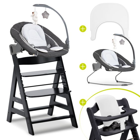 Hauck Alpha Plus 5-tlg. Newborn Set - Hochstuhl + 2in1 Neugeborenenaufsatz & Wippe Deluxe + Baby Seat + Essbrett - Melange Grey - Black