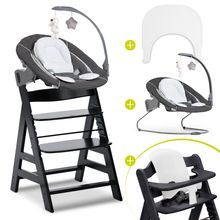 Alpha Plus 5-tlg. Newborn Set - Hochstuhl + 2in1 Neugeborenenaufsatz & Wippe Deluxe + Baby Seat + Essbrett - Melange Grey - Black