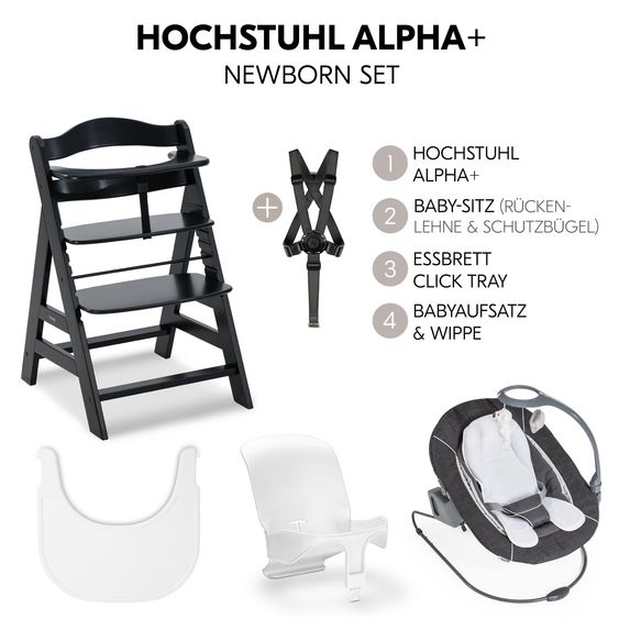 Hauck Alpha Plus 5-tlg. Newborn Set - Hochstuhl + 2in1 Neugeborenenaufsatz & Wippe Deluxe + Baby Seat + Essbrett - Melange Grey - Black