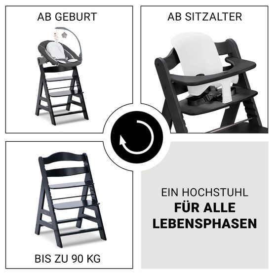 Hauck Alpha Plus 5-tlg. Newborn Set - Hochstuhl + 2in1 Neugeborenenaufsatz & Wippe Deluxe + Baby Seat + Essbrett - Melange Grey - Black