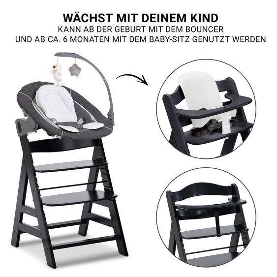 Hauck Alpha Plus 5-tlg. Newborn Set - Hochstuhl + 2in1 Neugeborenenaufsatz & Wippe Deluxe + Baby Seat + Essbrett - Melange Grey - Black