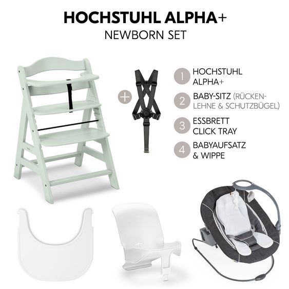 Hauck Alpha Plus 5-pcs. Newborn Set - Highchair + 2in1 Newborn Insert & Deluxe Rocker + Baby Seat + Tray - Mint