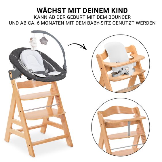 Hauck Alpha Plus Set Nouveau-Né 5 Pièces - Chaise Haute + 2in1 Adaptateur Nouveau-Né & Bascule Deluxe + Siège Bébé + Plateau Repas - Nature