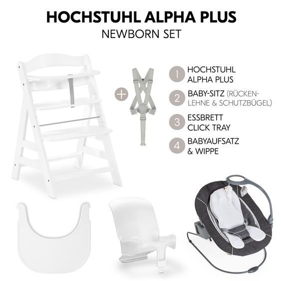 Hauck Alpha Plus Set Nouveau-Né 5 Pièces - Chaise Haute + 2in1 Adaptateur Nouveau-Né & Bascule Deluxe + Siège Bébé + Plateau Repas - Blanc