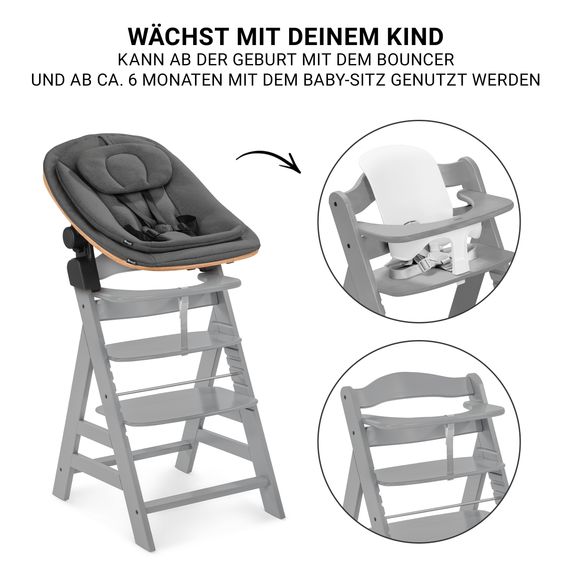 Hauck Alpha Plus 5-tlg. Newborn Set - Hochstuhl + 2in1 Neugeborenenaufsatz & Wippe Eco + Baby Seat + Essbrett - Deep Grey - Grey