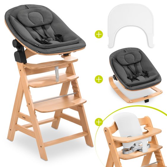 Hauck Alpha Plus 5-tlg. Newborn Set - Hochstuhl + 2in1 Neugeborenenaufsatz & Wippe Eco + Baby Seat + Essbrett - Deep Grey - Natur