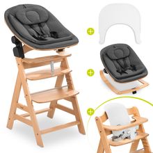 Alpha Plus 5-tlg. Newborn Set - Hochstuhl + 2in1 Neugeborenenaufsatz & Wippe Eco + Baby Seat + Essbrett - Deep Grey - Natur