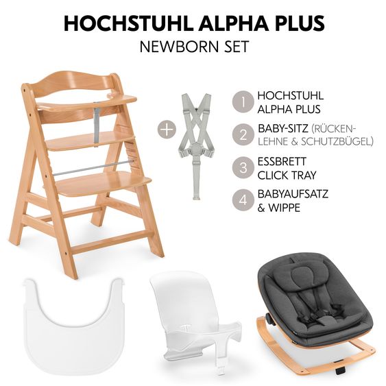 Hauck Alpha Plus 5-tlg. Newborn Set - Hochstuhl + 2in1 Neugeborenenaufsatz & Wippe Eco + Baby Seat + Essbrett - Deep Grey - Natur