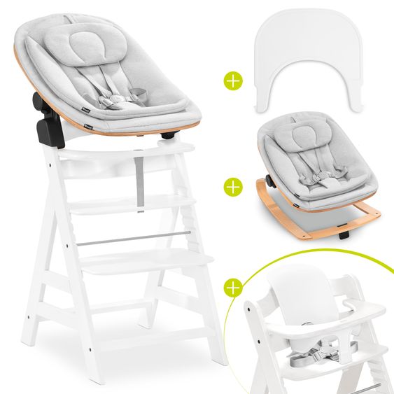 Hauck Alpha Plus Set Neonato 5 pz. Seggiolone + 2in1 Riduttore Neonato & Dondolo Eco + Seggiolino Baby + Tavoletta per Pasti - Grigio Chiaro - Bianco