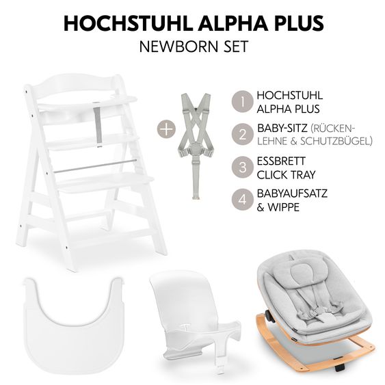 Hauck Alpha Plus Set Neonato 5 pz. Seggiolone + 2in1 Riduttore Neonato & Dondolo Eco + Seggiolino Baby + Tavoletta per Pasti - Grigio Chiaro - Bianco