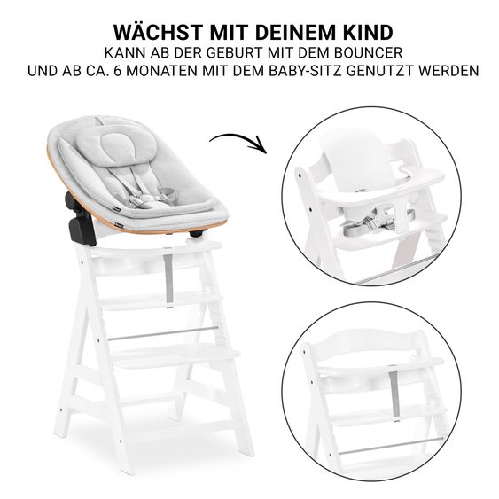 Hauck Alpha Plus Set Neonato 5 pz. Seggiolone + 2in1 Riduttore Neonato & Dondolo Eco + Seggiolino Baby + Tavoletta per Pasti - Grigio Chiaro - Bianco