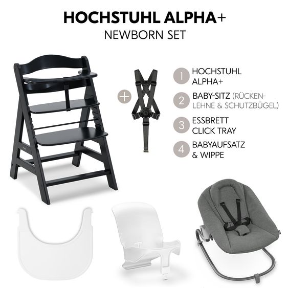 Hauck Alpha Plus 5-tlg. Newborn Set - Hochstuhl + 2in1 Neugeborenenaufsatz & Wippe Premium + Baby Seat + Essbrett - Dark Grey - Black