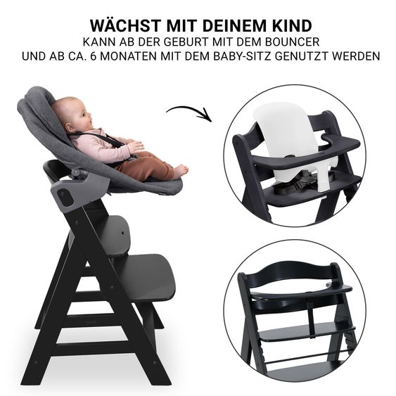 Hauck Alpha Plus 5-tlg. Newborn Set - Hochstuhl + 2in1 Neugeborenenaufsatz & Wippe Premium + Baby Seat + Essbrett - Dark Grey - Black