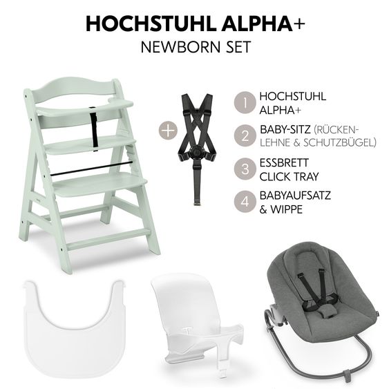 Hauck Alpha Plus 5-pcs. Newborn Set - Highchair + 2in1 Newborn Attachment & Rocker Premium + Baby Seat + Feeding Tray - Mint